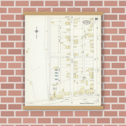 Old map wall art mockup — magnetic wood frame on brick wall — Sanborn Fire Insurance Map from Old Forge, Lackawanna County, Pennsylvania (1914), Sheet #0010
