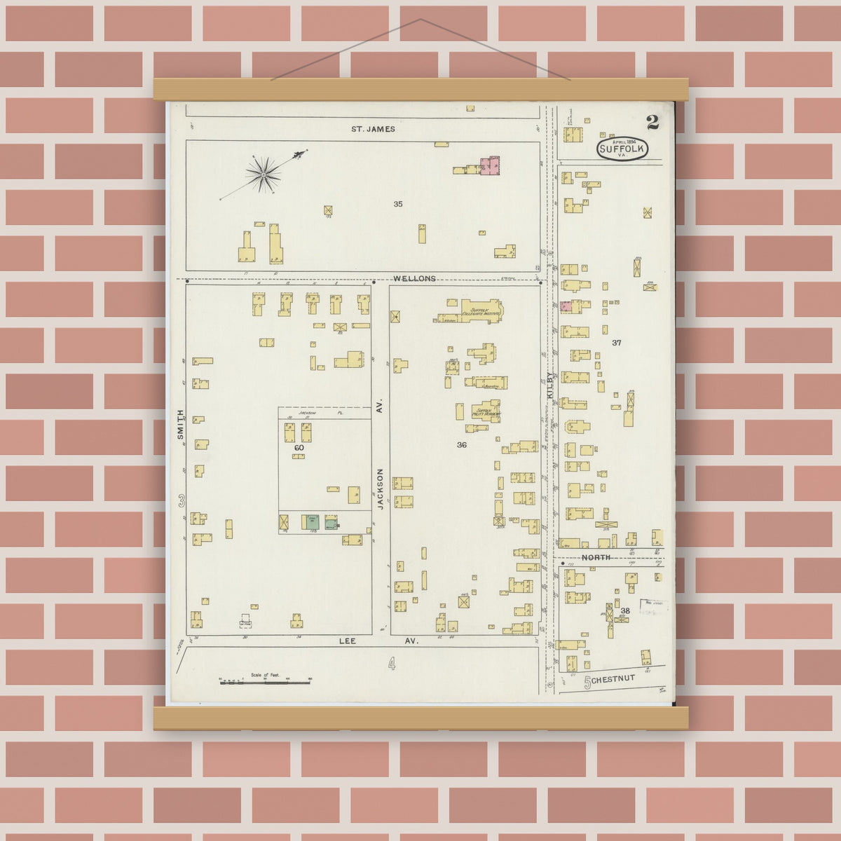 Old map wall art mockup — magnetic wood frame on brick wall — Sanborn Fire Insurance Map from Suffolk, Independent Cities, Virginia (1894), Sheet #0002