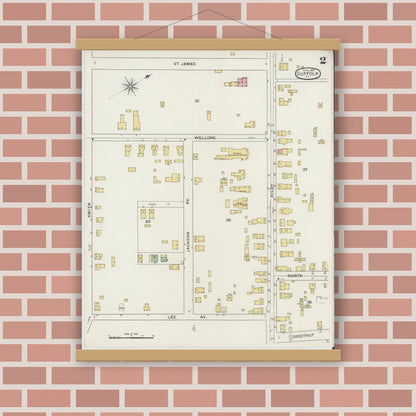 Old map wall art mockup — magnetic wood frame on brick wall — Sanborn Fire Insurance Map from Suffolk, Independent Cities, Virginia (1894), Sheet #0002