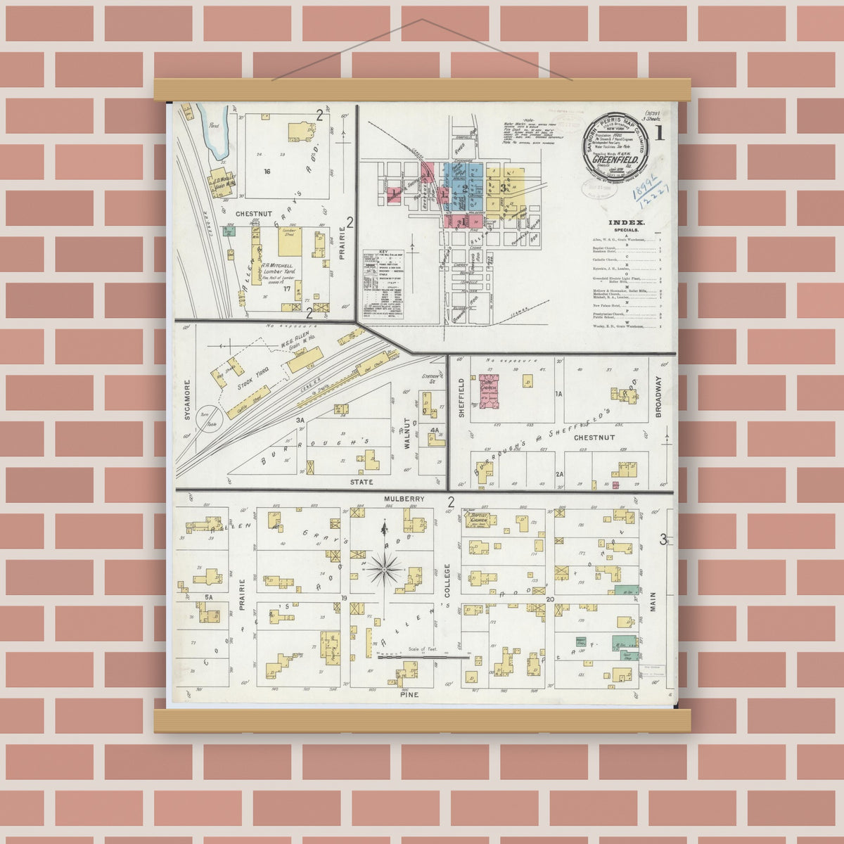 Old map wall art mockup — magnetic wood frame on brick wall — Sanborn Fire Insurance Map from Greenfield, Greene County, Illinois (1899), Sheet #0001