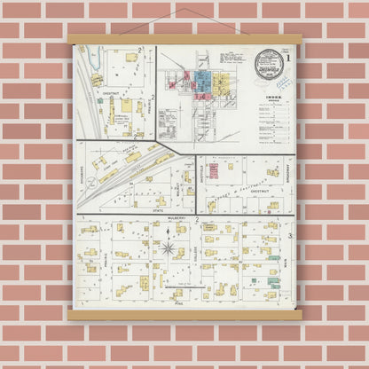 Old map wall art mockup — magnetic wood frame on brick wall — Sanborn Fire Insurance Map from Greenfield, Greene County, Illinois (1899), Sheet #0001