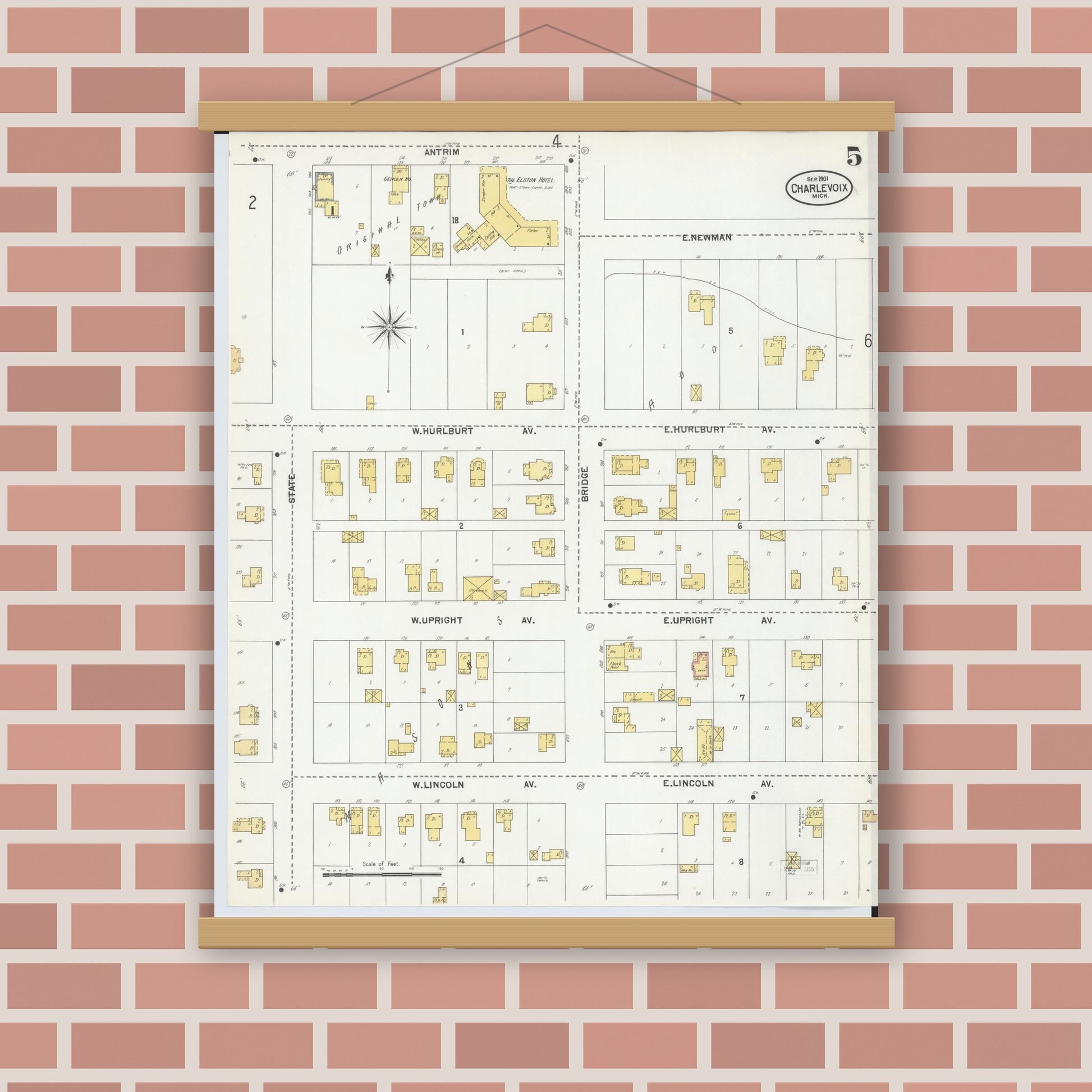 Old map wall art mockup — magnetic wood frame on brick wall — Sanborn Fire Insurance Map from Charlevoix, Charlevoix County, Michigan (1901), Sheet #0005