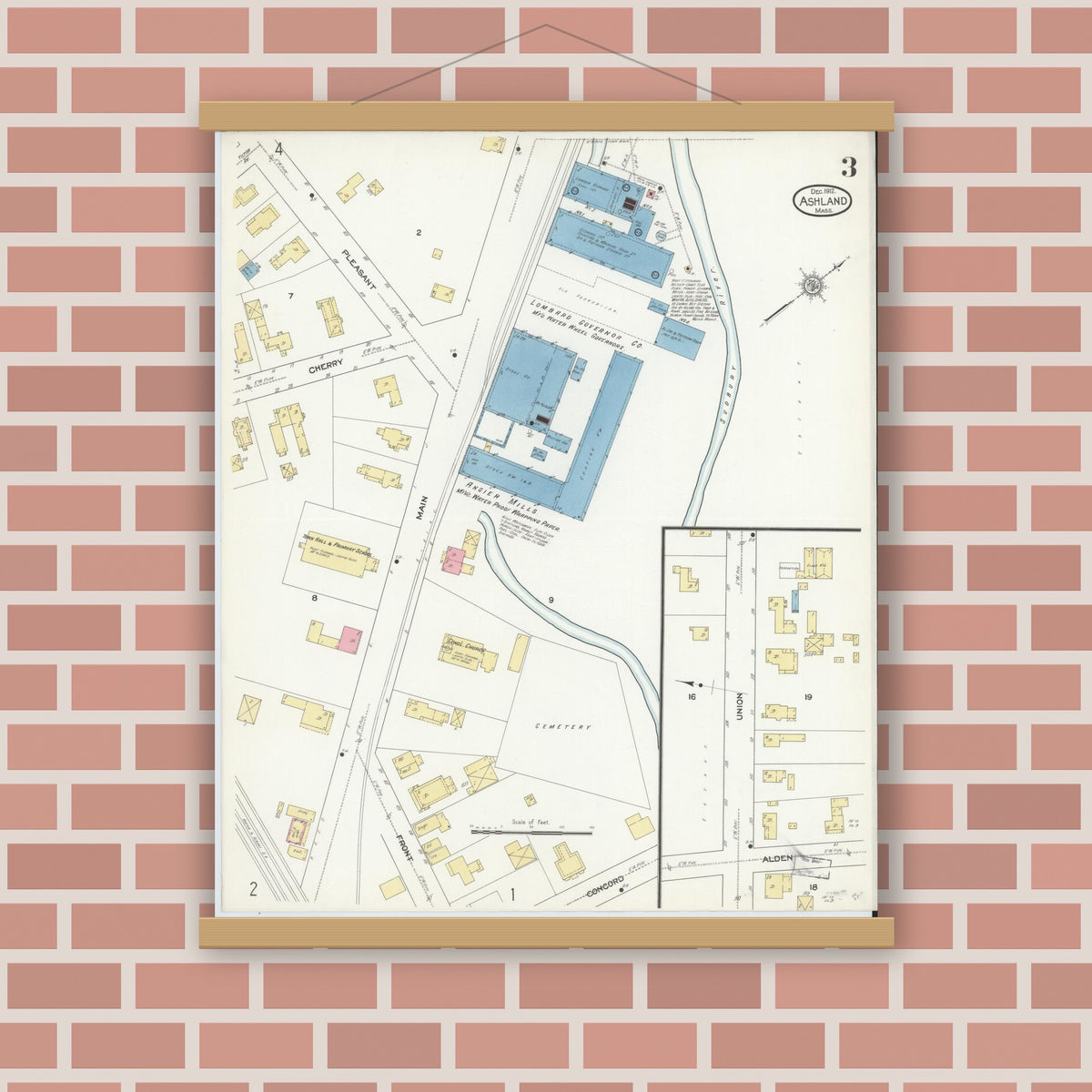 Old map wall art mockup — magnetic wood frame on brick wall — Sanborn Fire Insurance Map from Ashland, Middlesex County, Massachusetts (1912), Sheet #0003