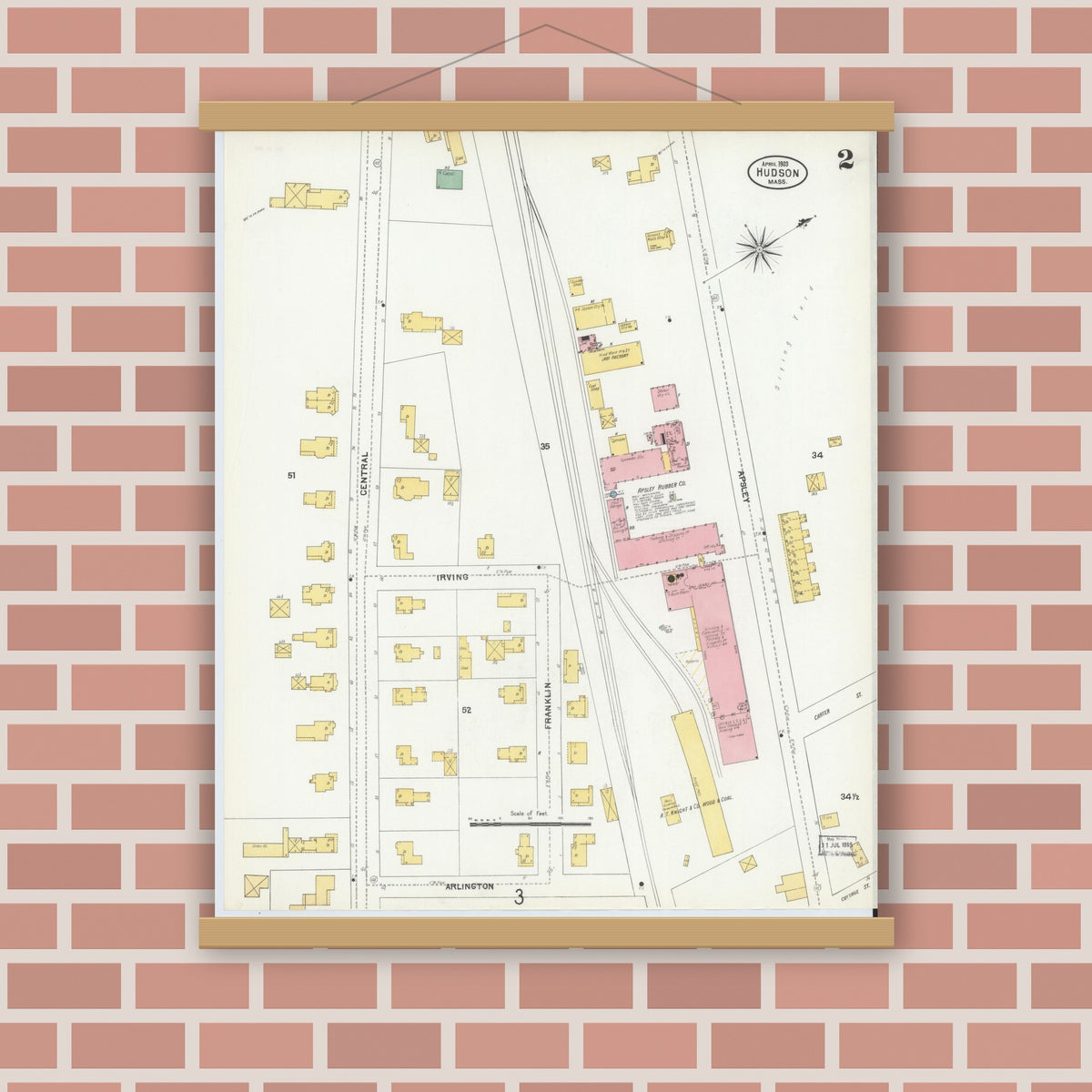 Old map wall art mockup — magnetic wood frame on brick wall — Sanborn Fire Insurance Map from Hudson, Middlesex County, Massachusetts (1903), Sheet #0002