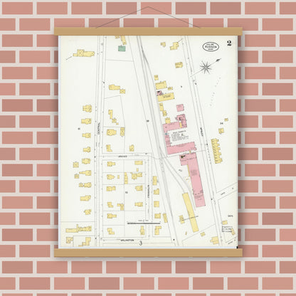 Old map wall art mockup — magnetic wood frame on brick wall — Sanborn Fire Insurance Map from Hudson, Middlesex County, Massachusetts (1903), Sheet #0002