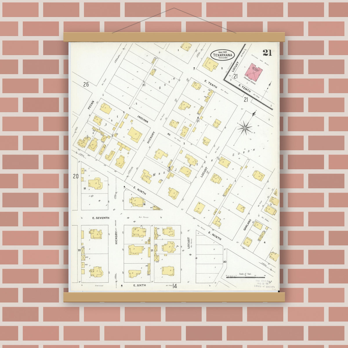 Old map wall art mockup — magnetic wood frame on brick wall — Sanborn Fire Insurance Map from Texarkana, Bowie County, Texas (1909), Sheet #0021