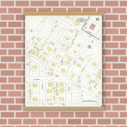 Old map wall art mockup — magnetic wood frame on brick wall — Sanborn Fire Insurance Map from Texarkana, Bowie County, Texas (1909), Sheet #0021