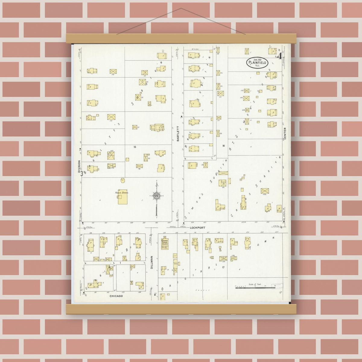 Old map wall art mockup — magnetic wood frame on brick wall — Sanborn Fire Insurance Map from Plainfield, Will County, Illinois (1912), Sheet #0004