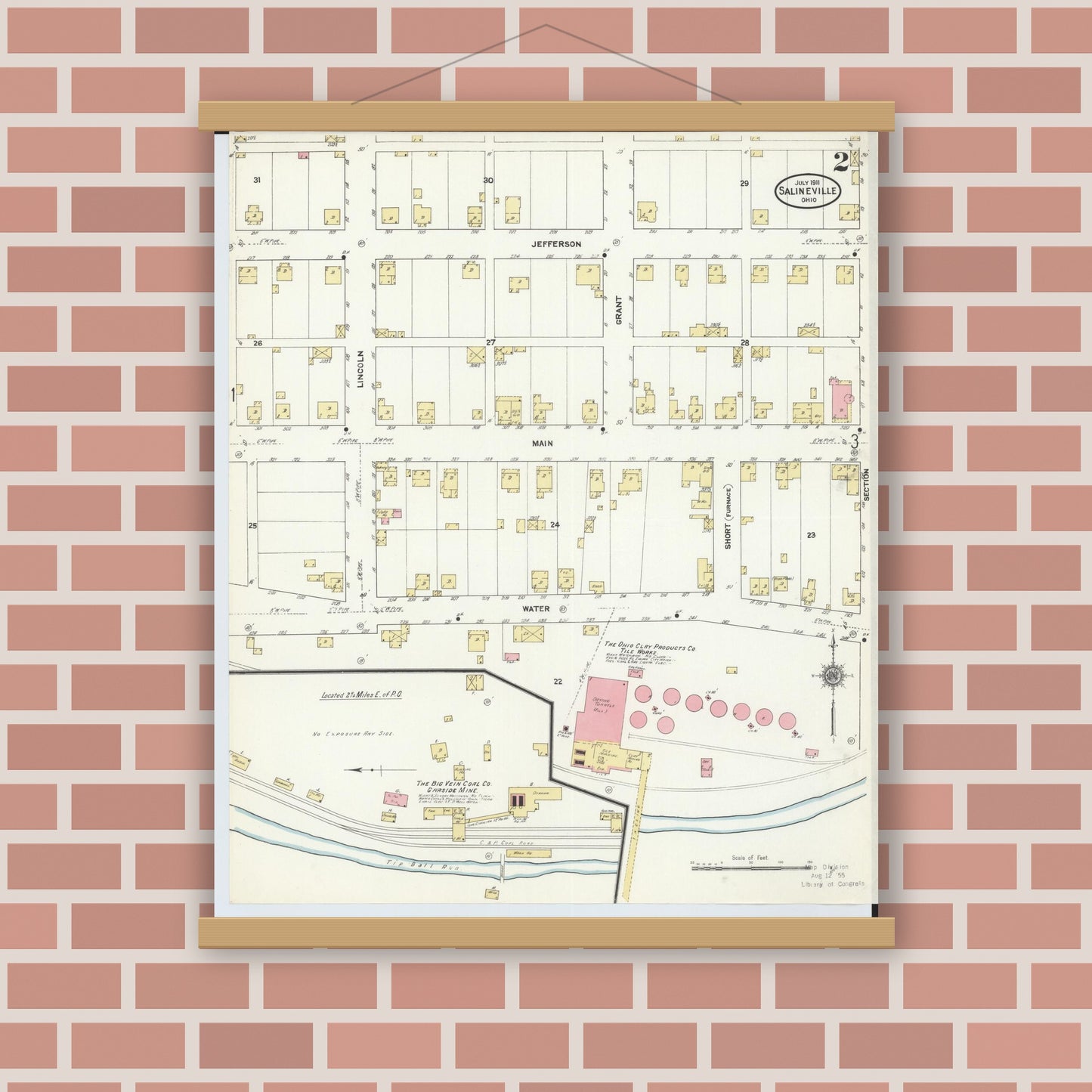 Old map wall art mockup — magnetic wood frame on brick wall — Sanborn Fire Insurance Map from Salineville, Columbiana County, Ohio (1911), Sheet #0002