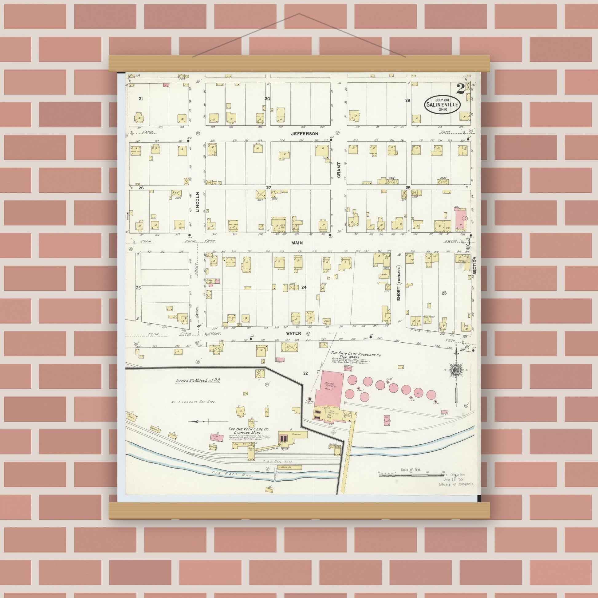 Old map wall art mockup — magnetic wood frame on brick wall — Sanborn Fire Insurance Map from Salineville, Columbiana County, Ohio (1911), Sheet #0002