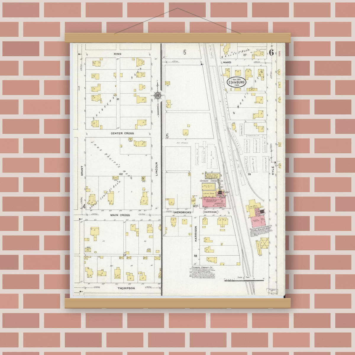 Old map wall art mockup — magnetic wood frame on brick wall — Sanborn Fire Insurance Map from Edinburg, Johnson And Bartholomew Counties, Indiana (1910), Sheet #0006