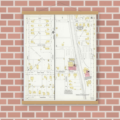 Old map wall art mockup — magnetic wood frame on brick wall — Sanborn Fire Insurance Map from Edinburg, Johnson And Bartholomew Counties, Indiana (1910), Sheet #0006