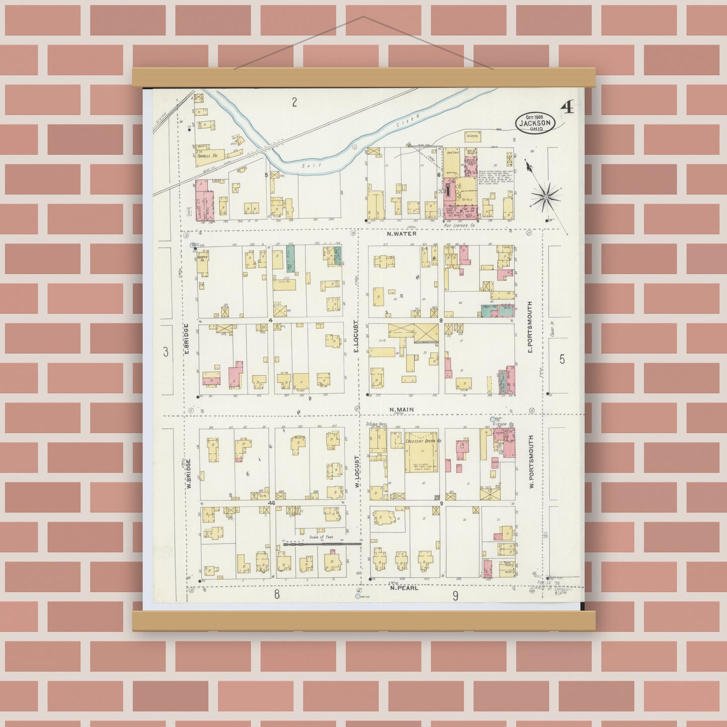 Old map wall art mockup — magnetic wood frame on brick wall — Sanborn Fire Insurance Map from Jackson, Jackson County, Ohio (1905), Sheet #0004