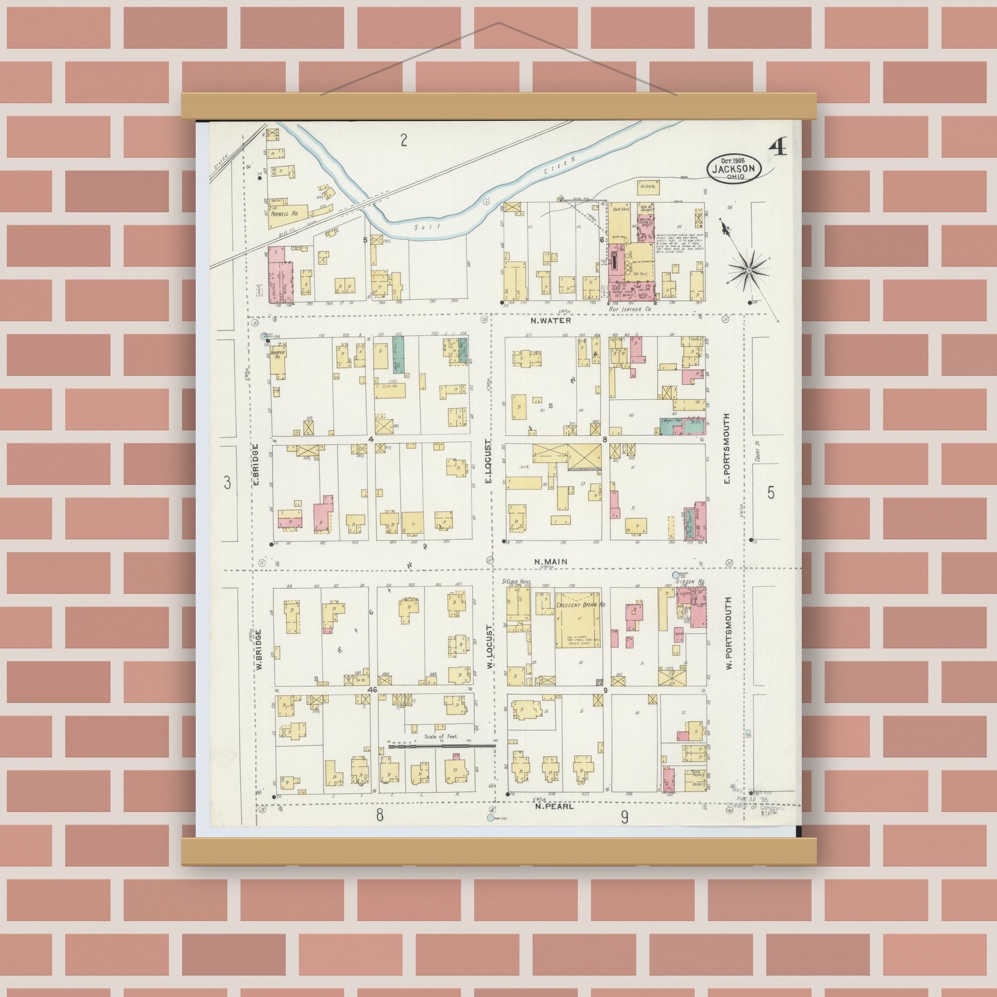 Old map wall art mockup — magnetic wood frame on brick wall — Sanborn Fire Insurance Map from Jackson, Jackson County, Ohio (1905), Sheet #0004