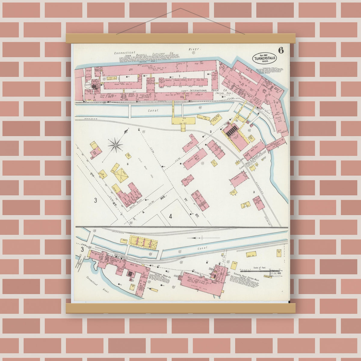 Old map wall art mockup — magnetic wood frame on brick wall — Sanborn Fire Insurance Map from Turners Falls, Franklin County, Massachusetts (1902), Sheet #0006