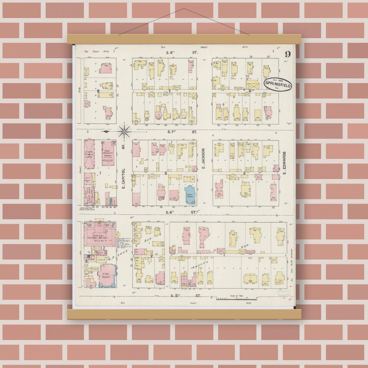 Old map wall art mockup — magnetic wood frame on brick wall — Sanborn Fire Insurance Map from Springfield, Sangamon County, Illinois (1890), Sheet #0009