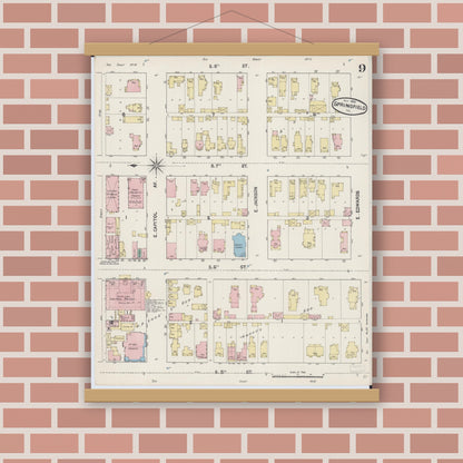 Old map wall art mockup — magnetic wood frame on brick wall — Sanborn Fire Insurance Map from Springfield, Sangamon County, Illinois (1890), Sheet #0009