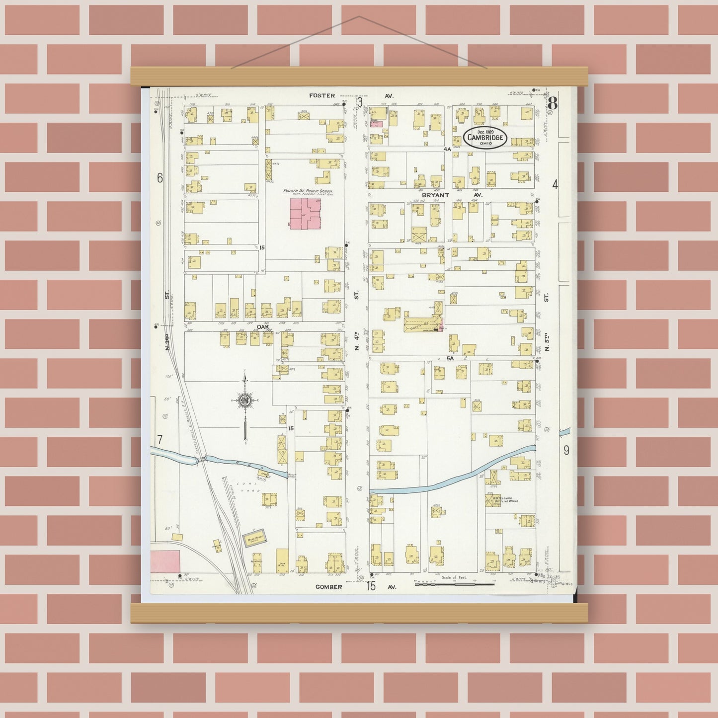 Old map wall art mockup — magnetic wood frame on brick wall — Sanborn Fire Insurance Map from Cambridge, Guernsey County, Ohio (1909), Sheet #0008