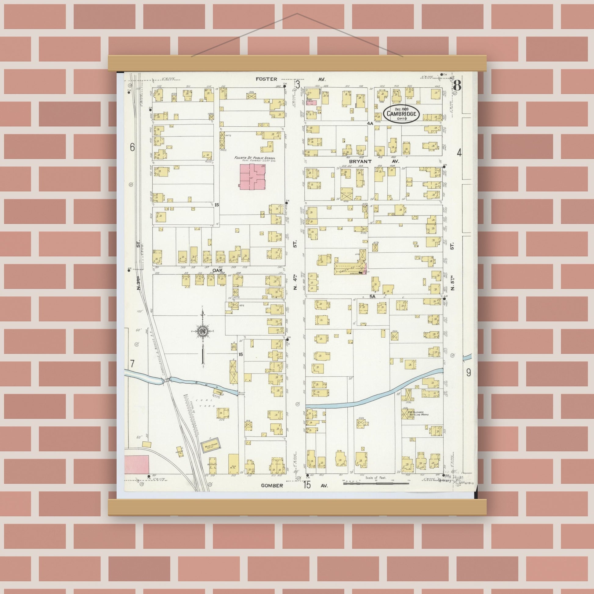 Old map wall art mockup — magnetic wood frame on brick wall — Sanborn Fire Insurance Map from Cambridge, Guernsey County, Ohio (1909), Sheet #0008
