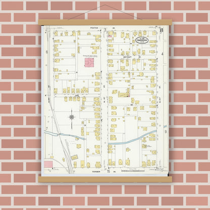 Old map wall art mockup — magnetic wood frame on brick wall — Sanborn Fire Insurance Map from Cambridge, Guernsey County, Ohio (1909), Sheet #0008