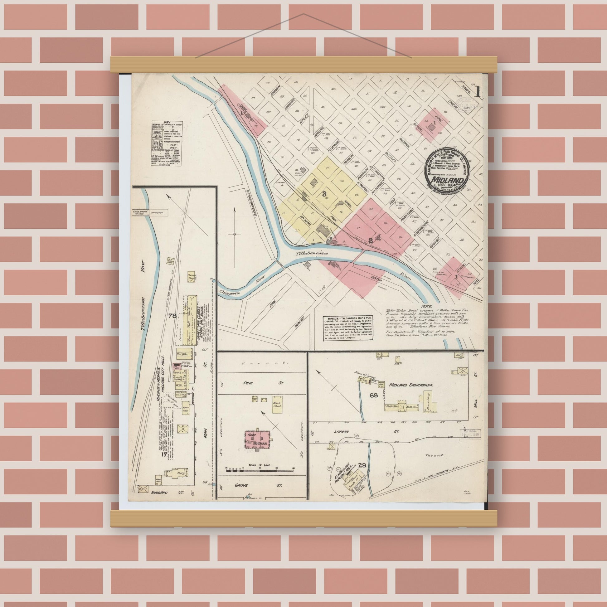 Old map wall art mockup — magnetic wood frame on brick wall — Sanborn Fire Insurance Map from Midland, Midland County, Michigan (1884), Sheet #0001