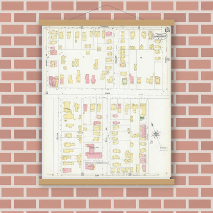 Old map wall art mockup — magnetic wood frame on brick wall — Sanborn Fire Insurance Map from Hornell, Steuben County, New York (1904), Sheet #0015