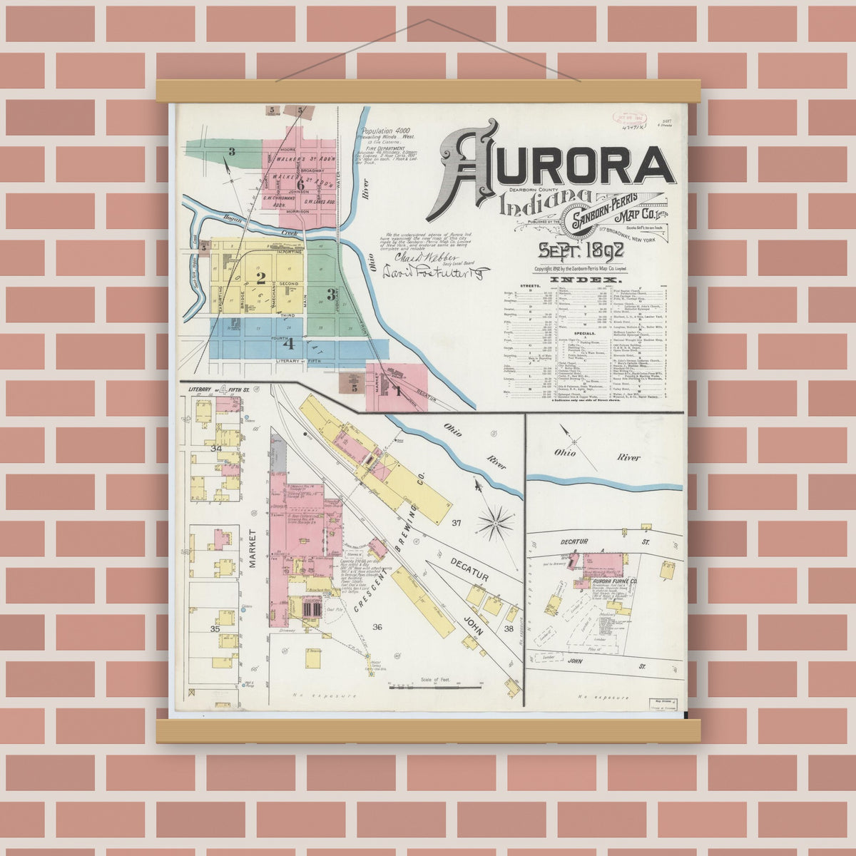 Old map wall art mockup — magnetic wood frame on brick wall — Sanborn Fire Insurance Map from Aurora, Dearborn County, Indiana (1892) - Complete Map Set