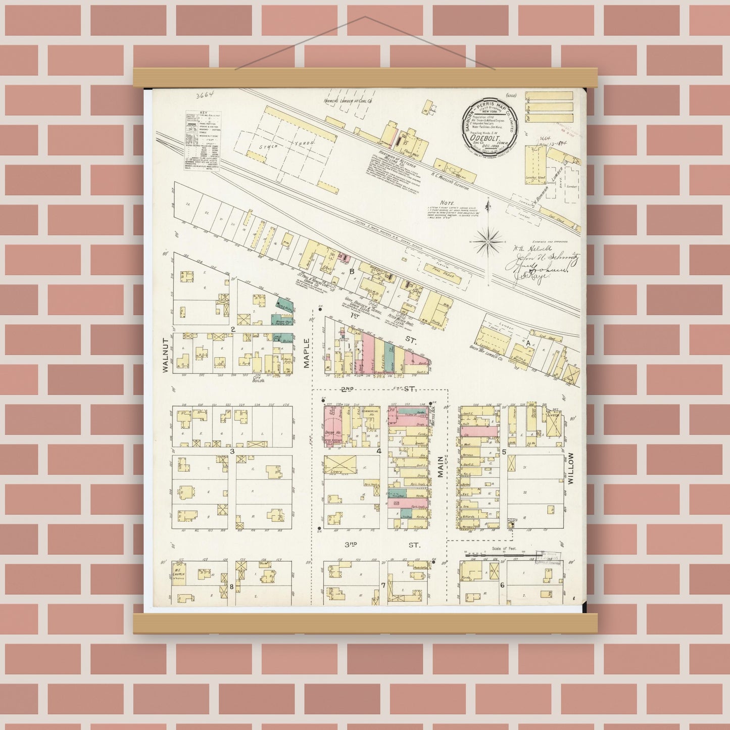 Old map wall art mockup — magnetic wood frame on brick wall — Sanborn Fire Insurance Map from Odebolt, Sac County, Iowa (1893), Sheet #0001