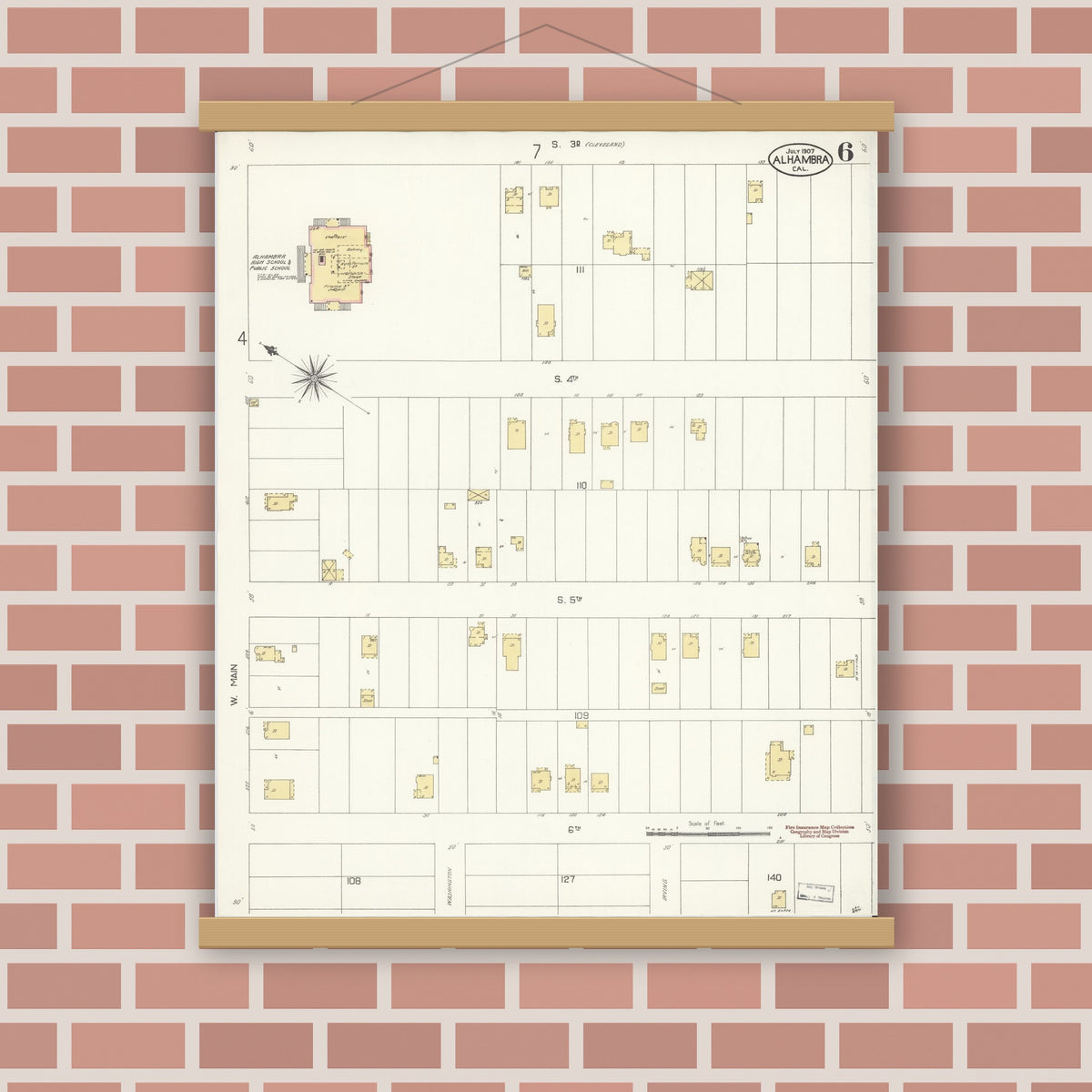 Old map wall art mockup — magnetic wood frame on brick wall — Sanborn Fire Insurance Map from Alhambra, Los Angeles County, California (1907), Sheet #0006