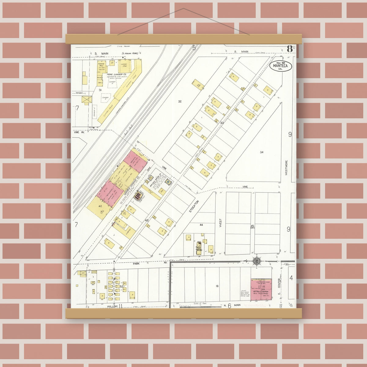 Old map wall art mockup — magnetic wood frame on brick wall — Sanborn Fire Insurance Map from Manteca, San Joaquin County, California (1921), Sheet #0008