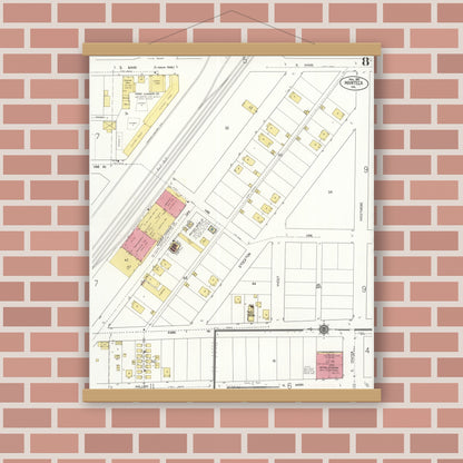 Old map wall art mockup — magnetic wood frame on brick wall — Sanborn Fire Insurance Map from Manteca, San Joaquin County, California (1921), Sheet #0008