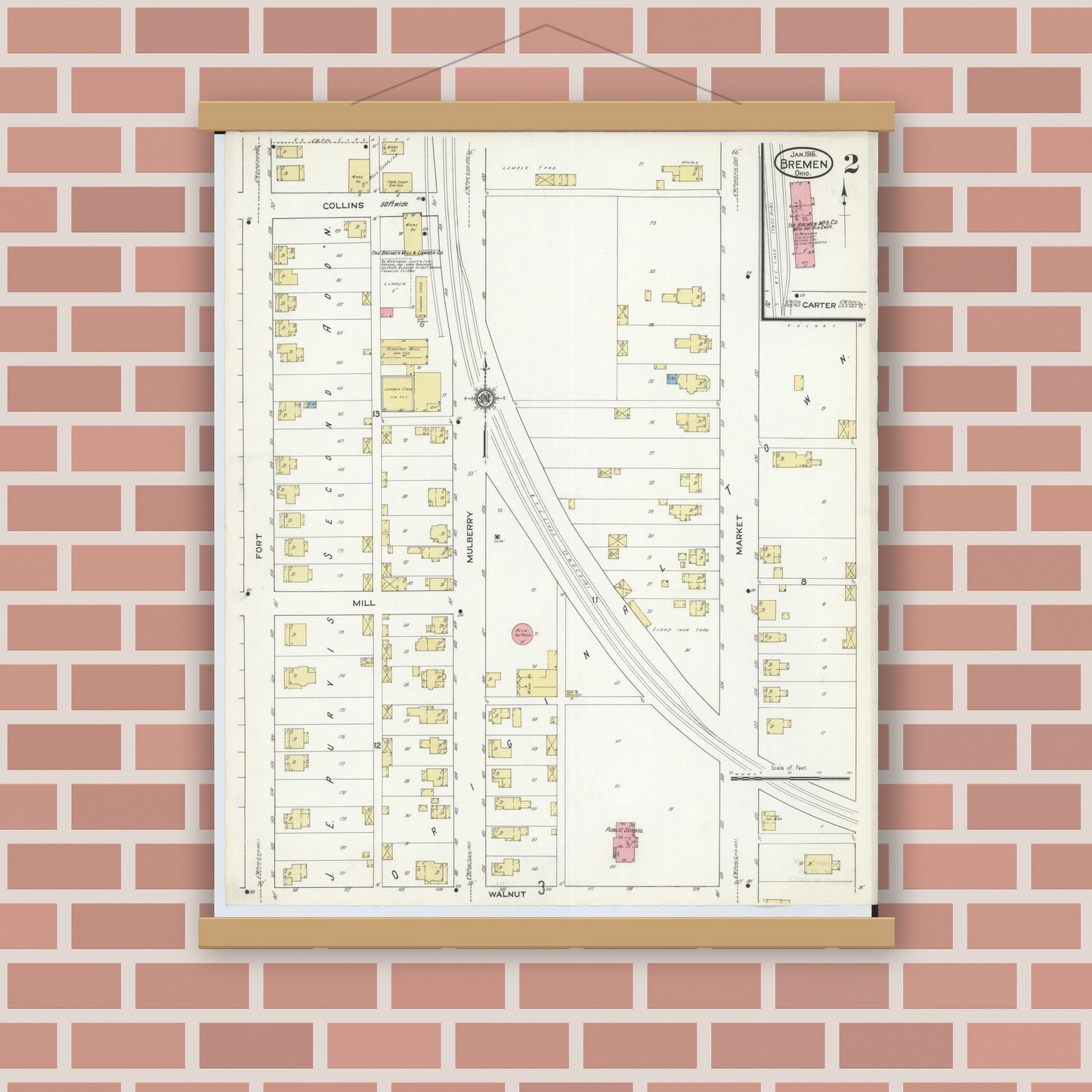 Old map wall art mockup — magnetic wood frame on brick wall — Sanborn Fire Insurance Map from Bremen, Fairfield County, Ohio (1916), Sheet #0002