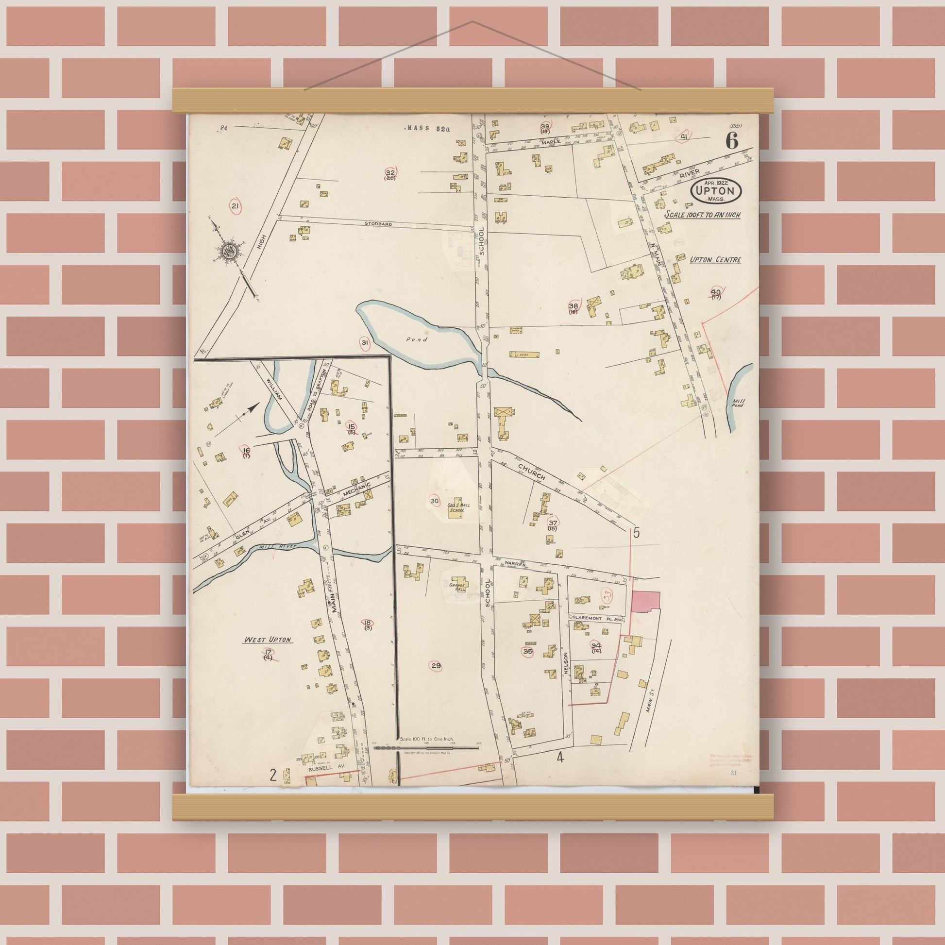 Old map wall art mockup — magnetic wood frame on brick wall — Sanborn Fire Insurance Map from Upton, Worcester County, Massachusetts (1945), Sheet #0006