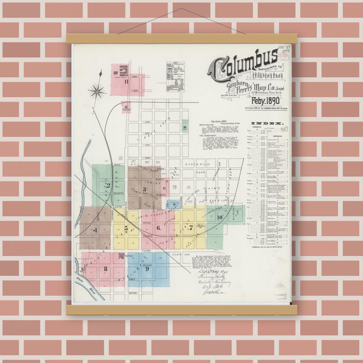 Old map wall art mockup — magnetic wood frame on brick wall — Sanborn Fire Insurance Map from Columbus, Bartholomew County, Indiana (1890), Sheet #0001