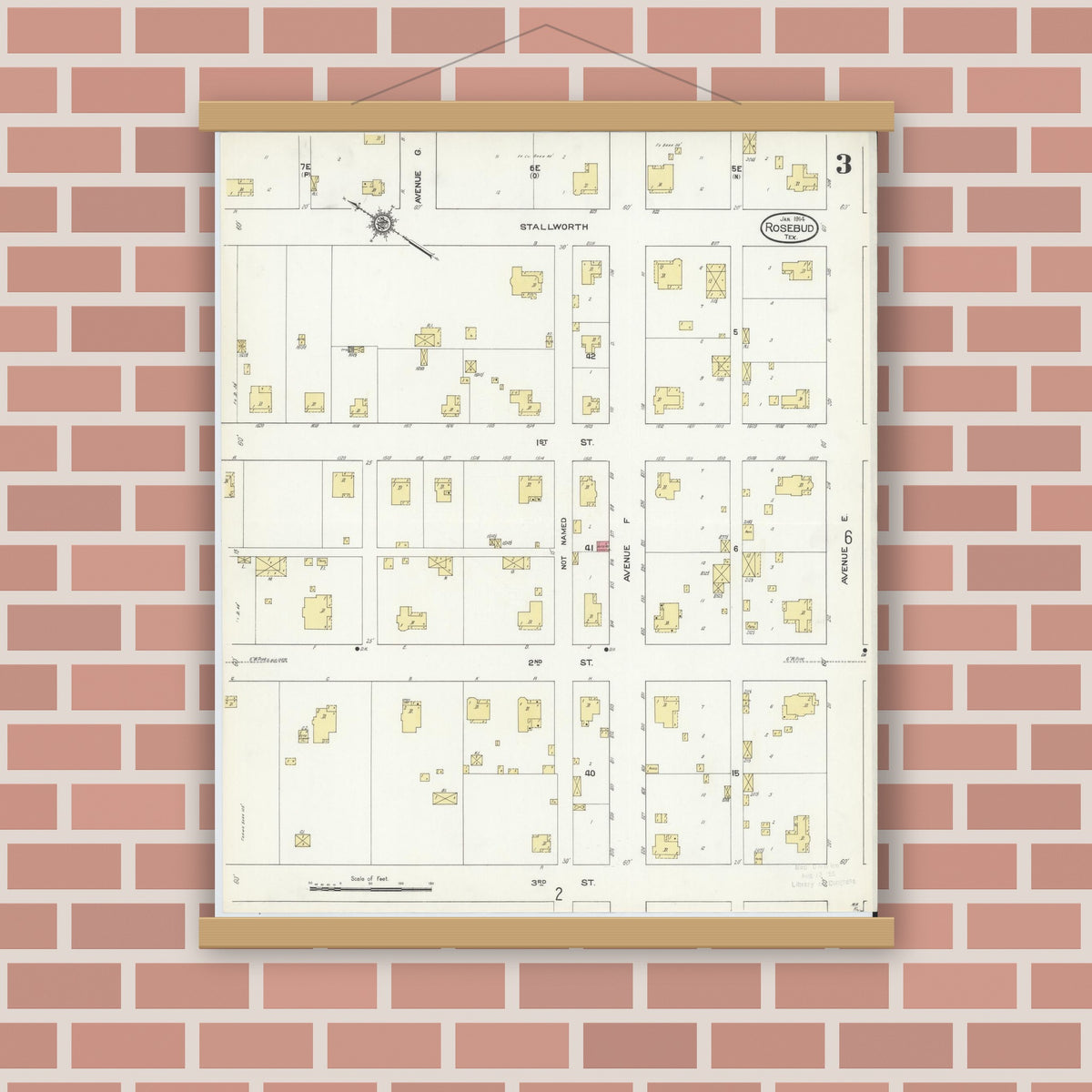 Old map wall art mockup — magnetic wood frame on brick wall — Sanborn Fire Insurance Map from Rosebud, Falls County, Texas (1914), Sheet #0003