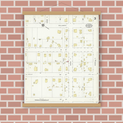 Old map wall art mockup — magnetic wood frame on brick wall — Sanborn Fire Insurance Map from Rosebud, Falls County, Texas (1914), Sheet #0003