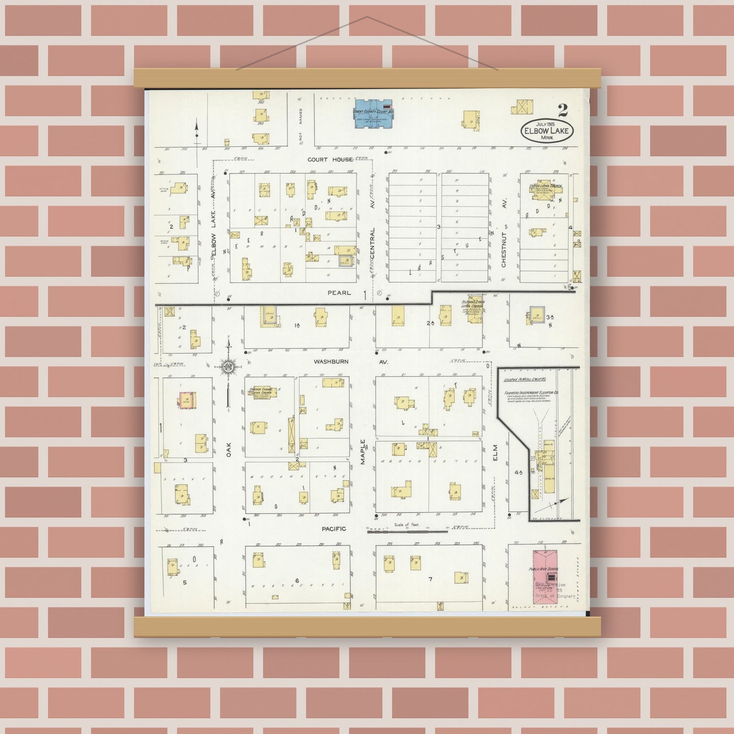 Old map wall art mockup — magnetic wood frame on brick wall — Sanborn Fire Insurance Map from Elbow Lake, Grant County, Minnesota (1915), Sheet #0002