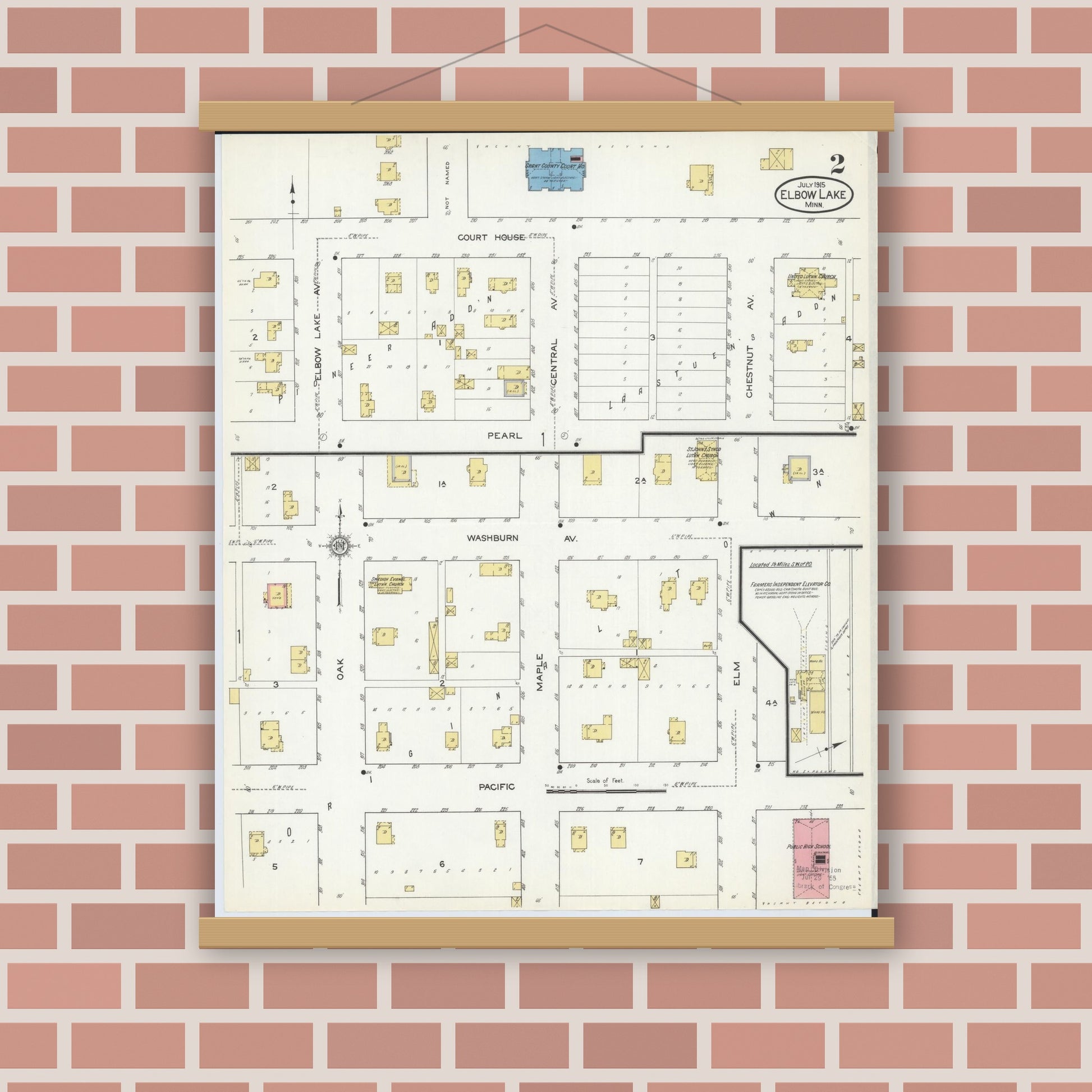 Old map wall art mockup — magnetic wood frame on brick wall — Sanborn Fire Insurance Map from Elbow Lake, Grant County, Minnesota (1915), Sheet #0002