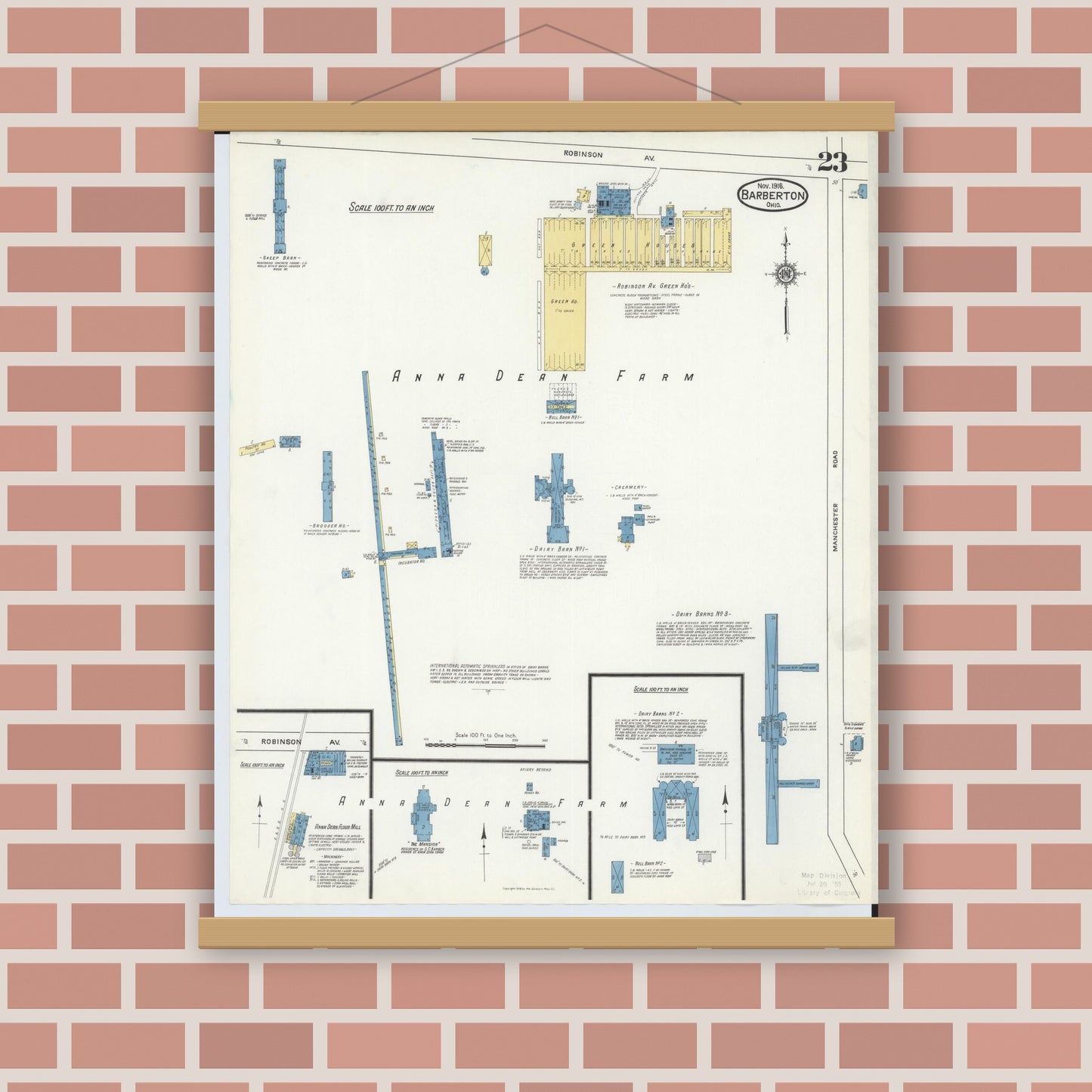 Old map wall art mockup — magnetic wood frame on brick wall — Sanborn Fire Insurance Map from Barberton, Summit County, Ohio (1916), Sheet #0023