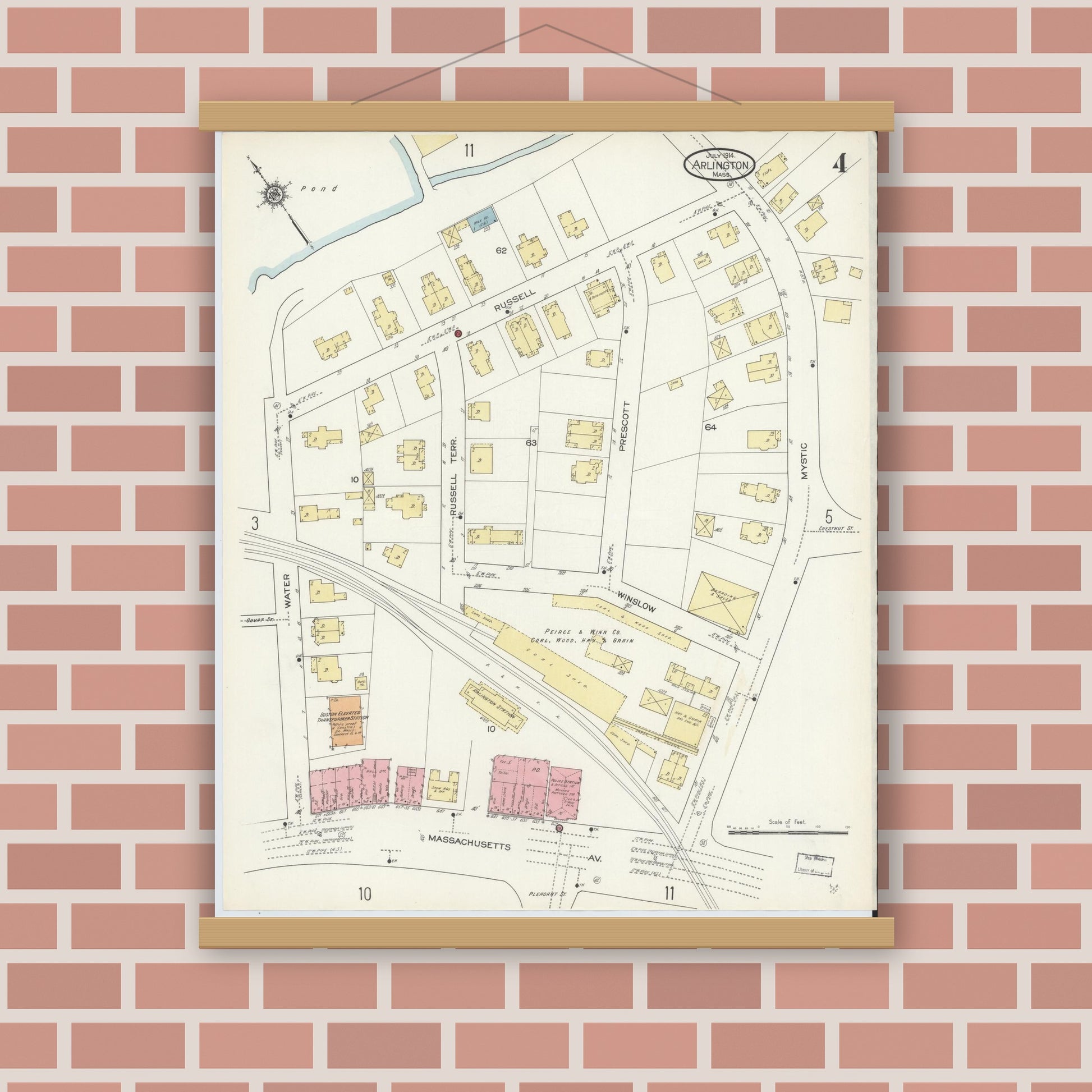 Old map wall art mockup — magnetic wood frame on brick wall — Sanborn Fire Insurance Map from Arlington, Middlesex County, Massachusetts (1914), Sheet #0004