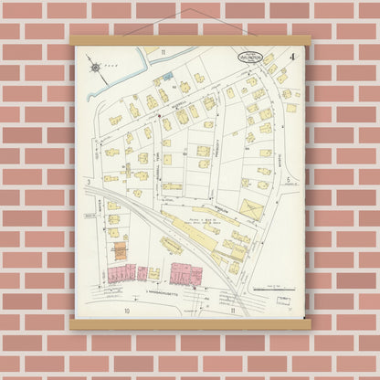 Old map wall art mockup — magnetic wood frame on brick wall — Sanborn Fire Insurance Map from Arlington, Middlesex County, Massachusetts (1914), Sheet #0004