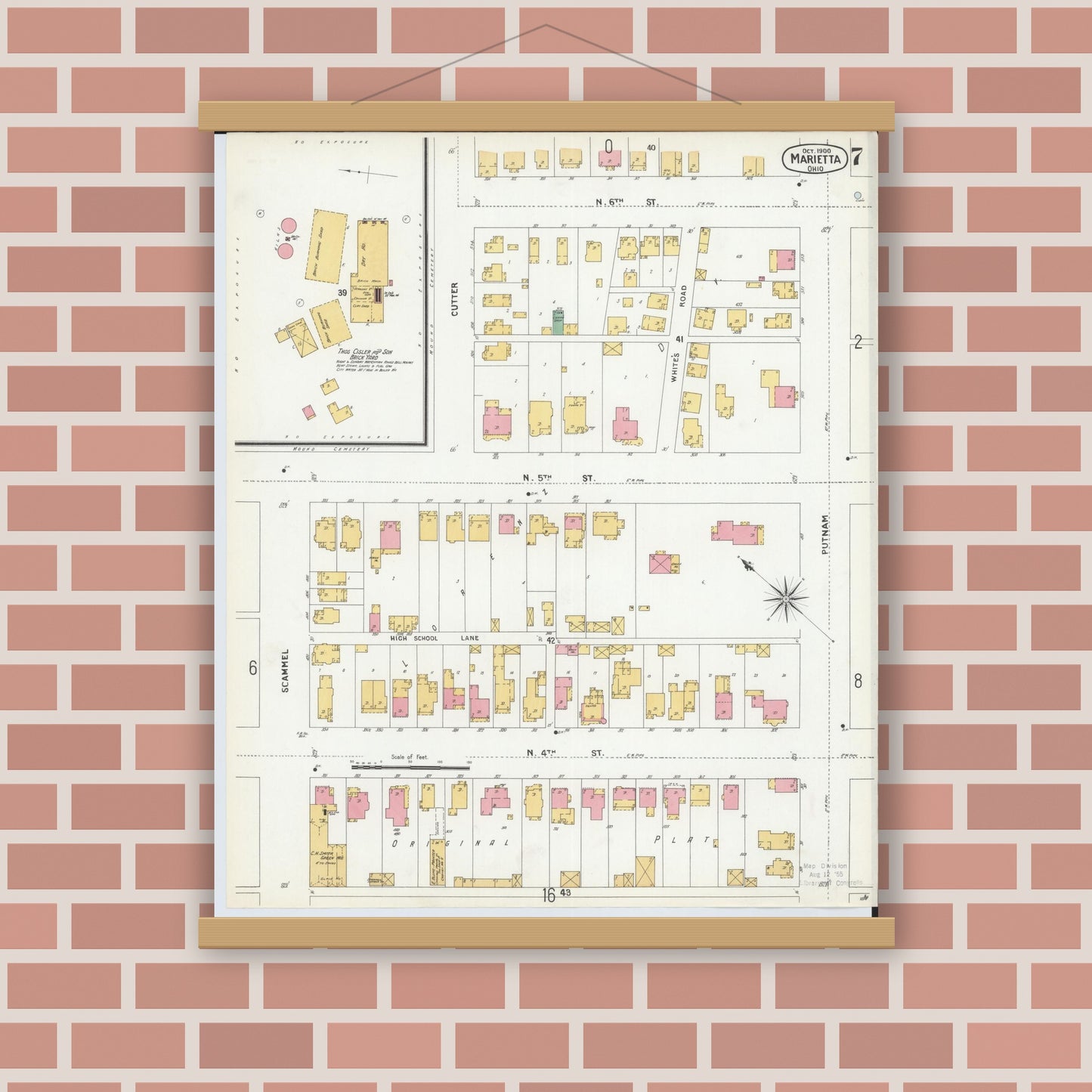 Old map wall art mockup — magnetic wood frame on brick wall — Sanborn Fire Insurance Map from Marietta, Washington County, Ohio (1900), Sheet #0007