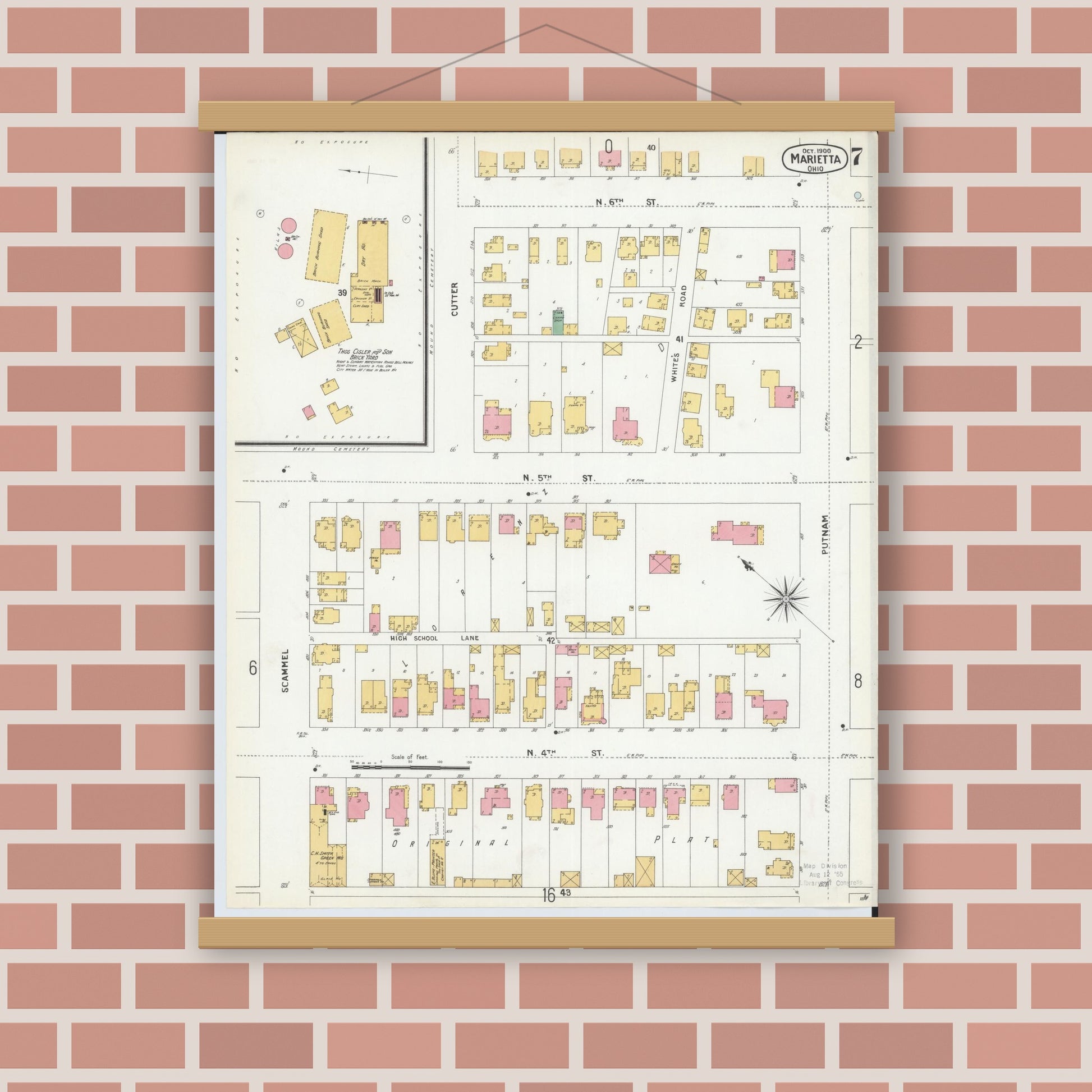 Old map wall art mockup — magnetic wood frame on brick wall — Sanborn Fire Insurance Map from Marietta, Washington County, Ohio (1900), Sheet #0007