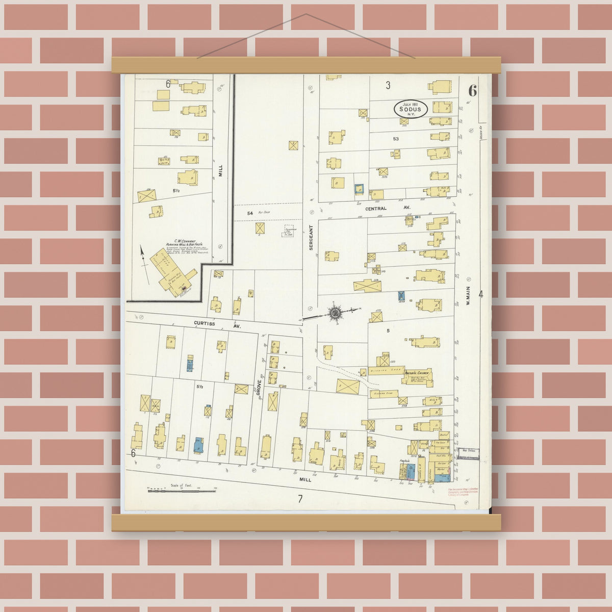 Old map wall art mockup — magnetic wood frame on brick wall — Sanborn Fire Insurance Map from Sodus, Wayne County, New York (1911), Sheet #0006