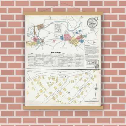 Old map wall art mockup — magnetic wood frame on brick wall — Sanborn Fire Insurance Map from Concord, Middlesex County, Massachusetts (1918) - Complete Map Set
