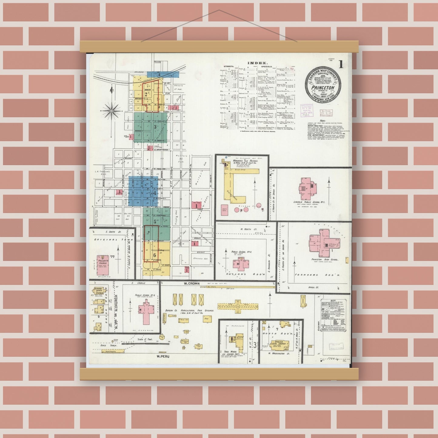 Old map wall art mockup — magnetic wood frame on brick wall — Sanborn Fire Insurance Map from Princeton, Bureau County, Illinois (1906) - Complete Map Set