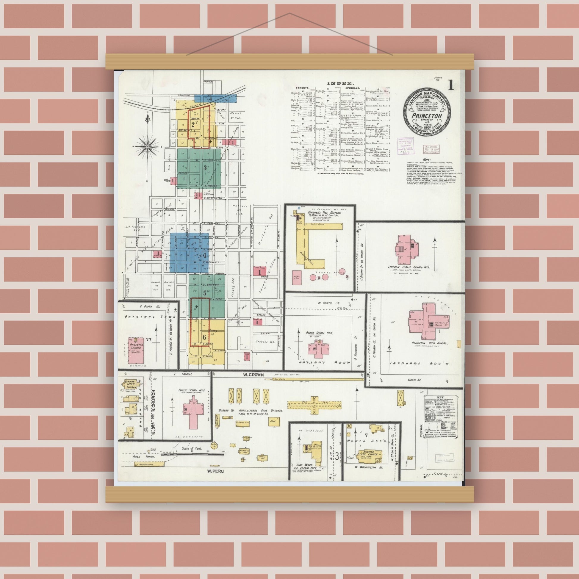 Old map wall art mockup — magnetic wood frame on brick wall — Sanborn Fire Insurance Map from Princeton, Bureau County, Illinois (1906) - Complete Map Set
