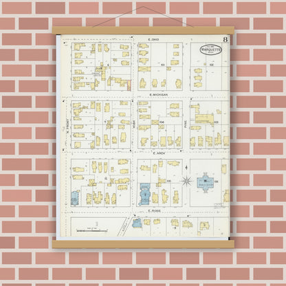 Old map wall art mockup — magnetic wood frame on brick wall — Sanborn Fire Insurance Map from Marquette, Marquette County, Michigan (1892), Sheet #0008