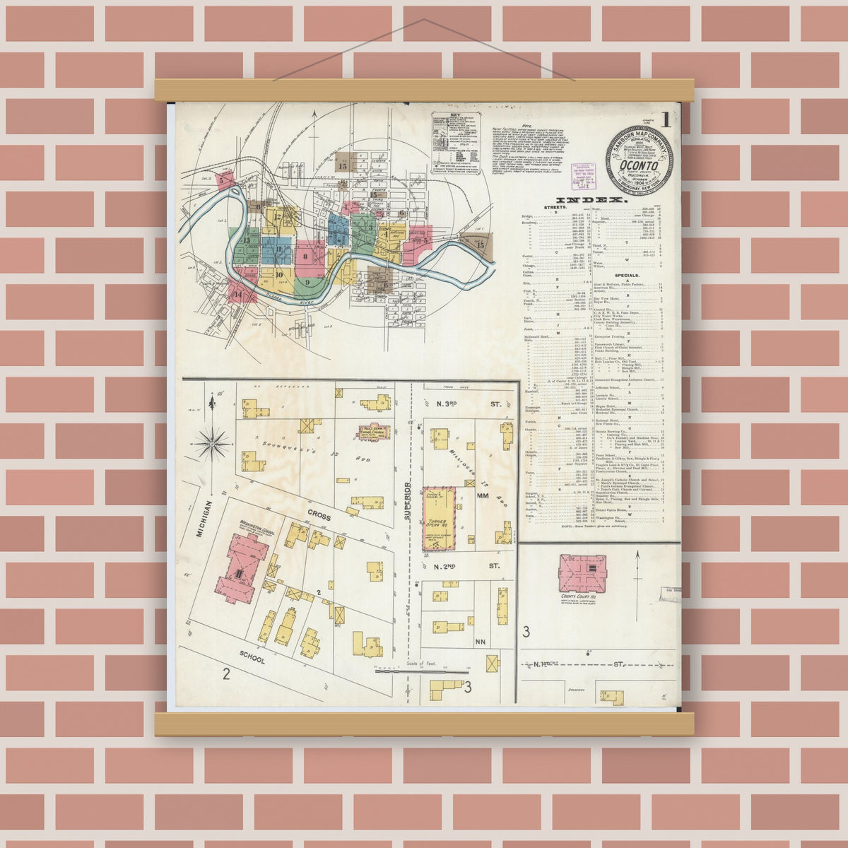Old map wall art mockup — magnetic wood frame on brick wall — Sanborn Fire Insurance Map from Oconto, Oconto County, Wisconsin (1904) - Complete Map Set