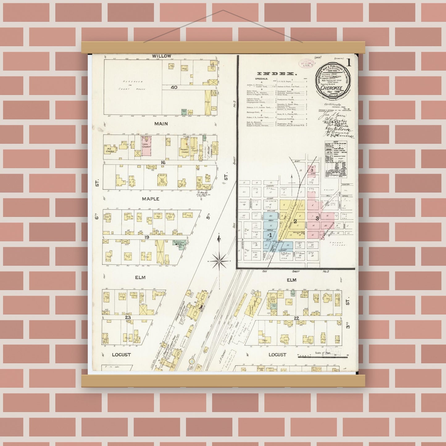 Old map wall art mockup — magnetic wood frame on brick wall — Sanborn Fire Insurance Map from Cherokee, Cherokee County, Iowa (1888), Sheet #0001
